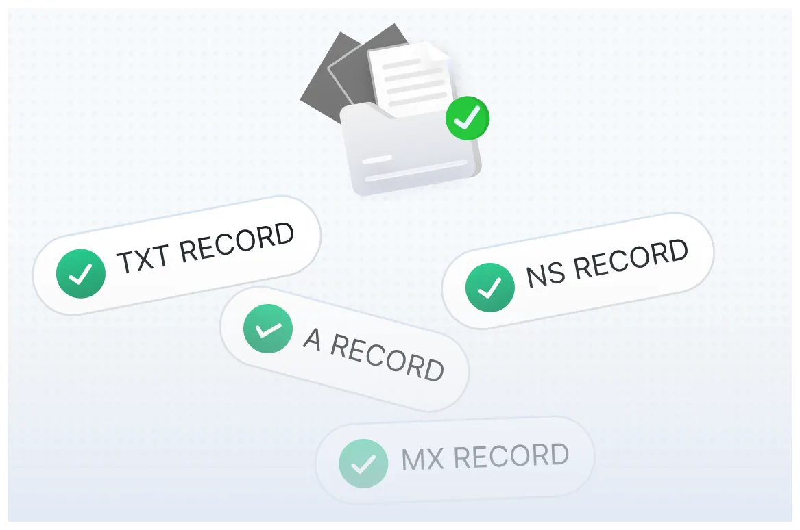 Managing DNS records illustration with TXT, A, NS and MX record chips